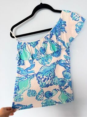 Lilly Pulitzer Neveah One Shoulder Flounce Top Barefoot Princess Size S